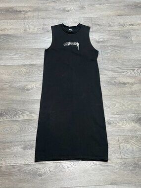 Stussy Black Spellout Logo Sleeveless Tank Midi Dress Minimal‎ Streetwear Size M